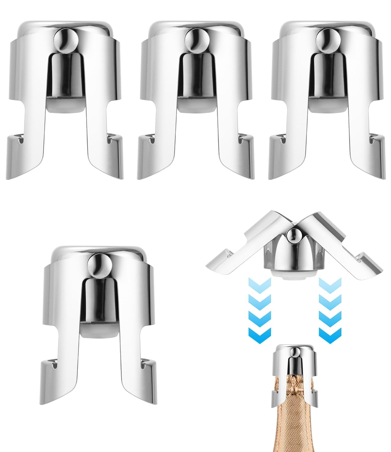 4 Pcs Champagne Stoppers Stainless Steel Bubble Stopper with Food Grade Silicone Reusable Bottle Stopper for Champagne Bottles Sparkling Wine