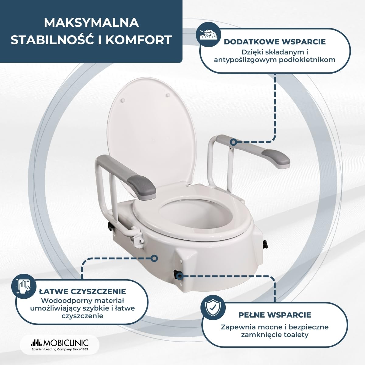 Muralla, Podnośnik do WC z podłokietnikami, Podnoszona deska, Adapter do WC dla seniorów, Regulacja wysokości od 5 do 15 cm, Uchylne, składane podłokietniki