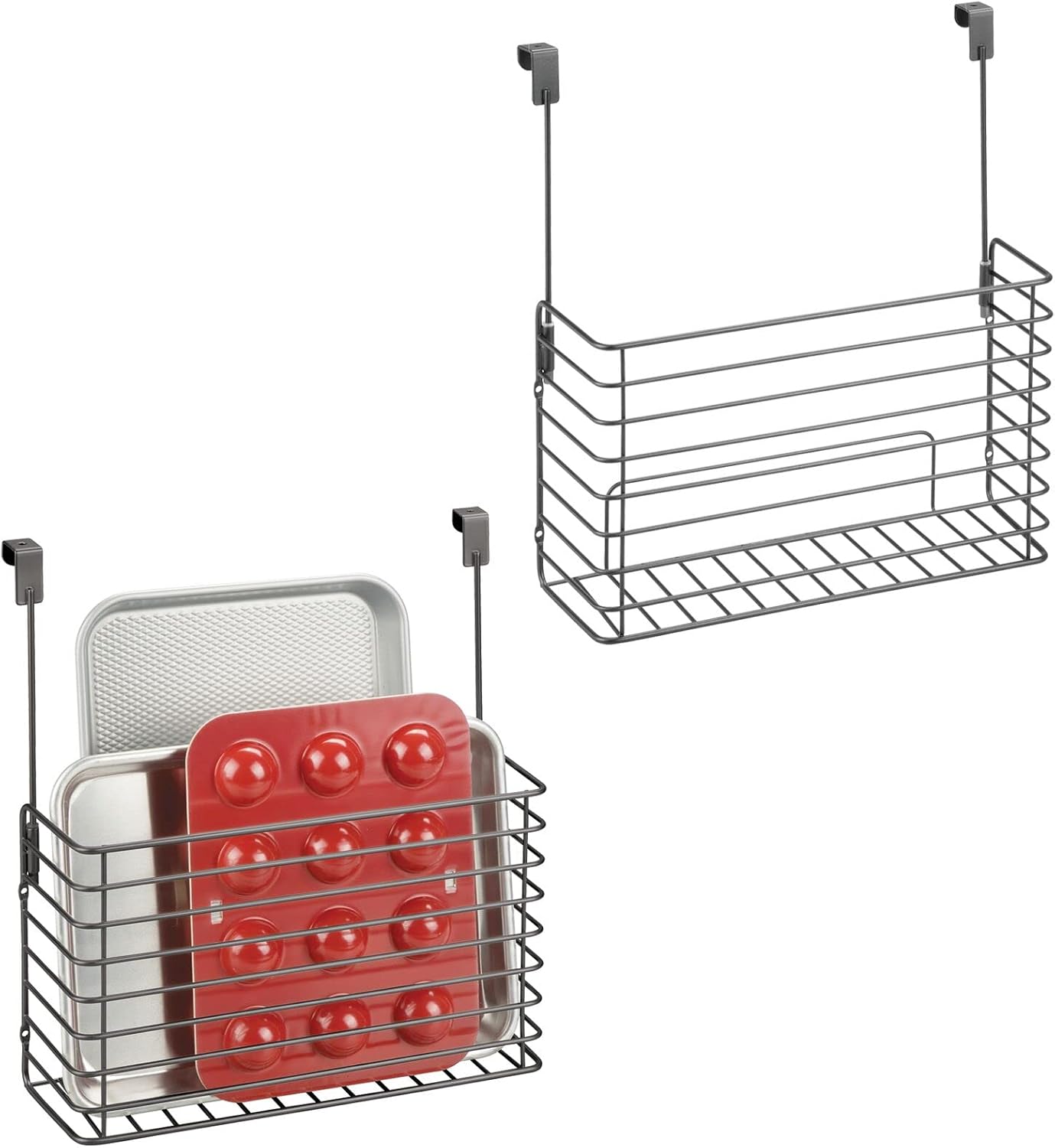 mDesign Metal Wire Kitchen Bakeware Organizer Basket - Hang Over Cabinet Door - Storage for Baking Sheets, Cupcake Tins, Cutting Boards, Foil, or Plastic Wrap - Concerto Collection - 2 Pack, Dark Gray