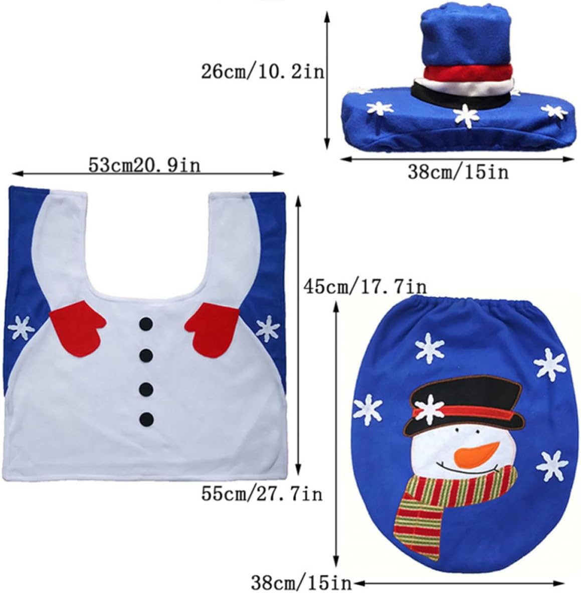Christmas Themed Toilet Mat Set with Snowman Wearing Hat, Blue Plush