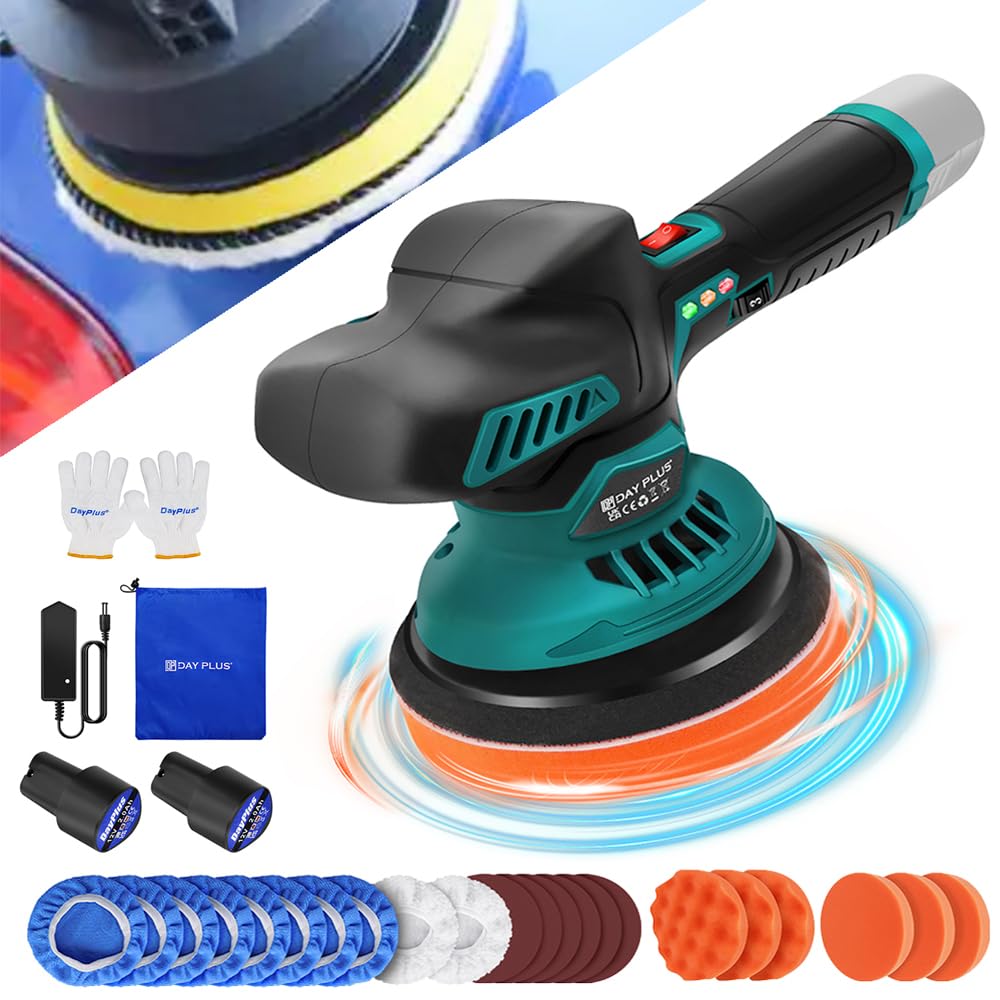 Akku Poliermaschine, Auto Poliermaschine Set 22pcs, Exzenter Poliermaschine mit 2pcs Batterie, Akku Wachsmaschine für Autodetailing, Autoreinigung und Polieren von Auto