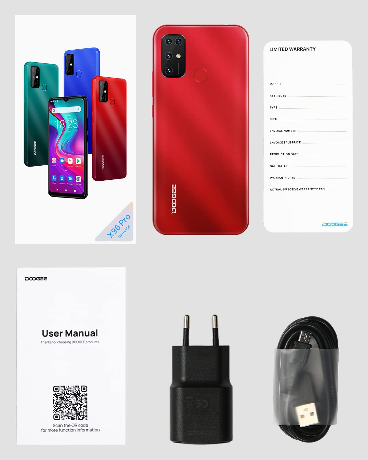 Android 11 Smartphone 4G, X96 Pro (2022) 6,52 cala HD+, 4 GB + 64 GB (SD 256 GB), telefon komórkowy, 5400 mAh, aparat Quad 13MP, Dual Nano SIM+ TF/Face ID/Fingerprint-czerwony