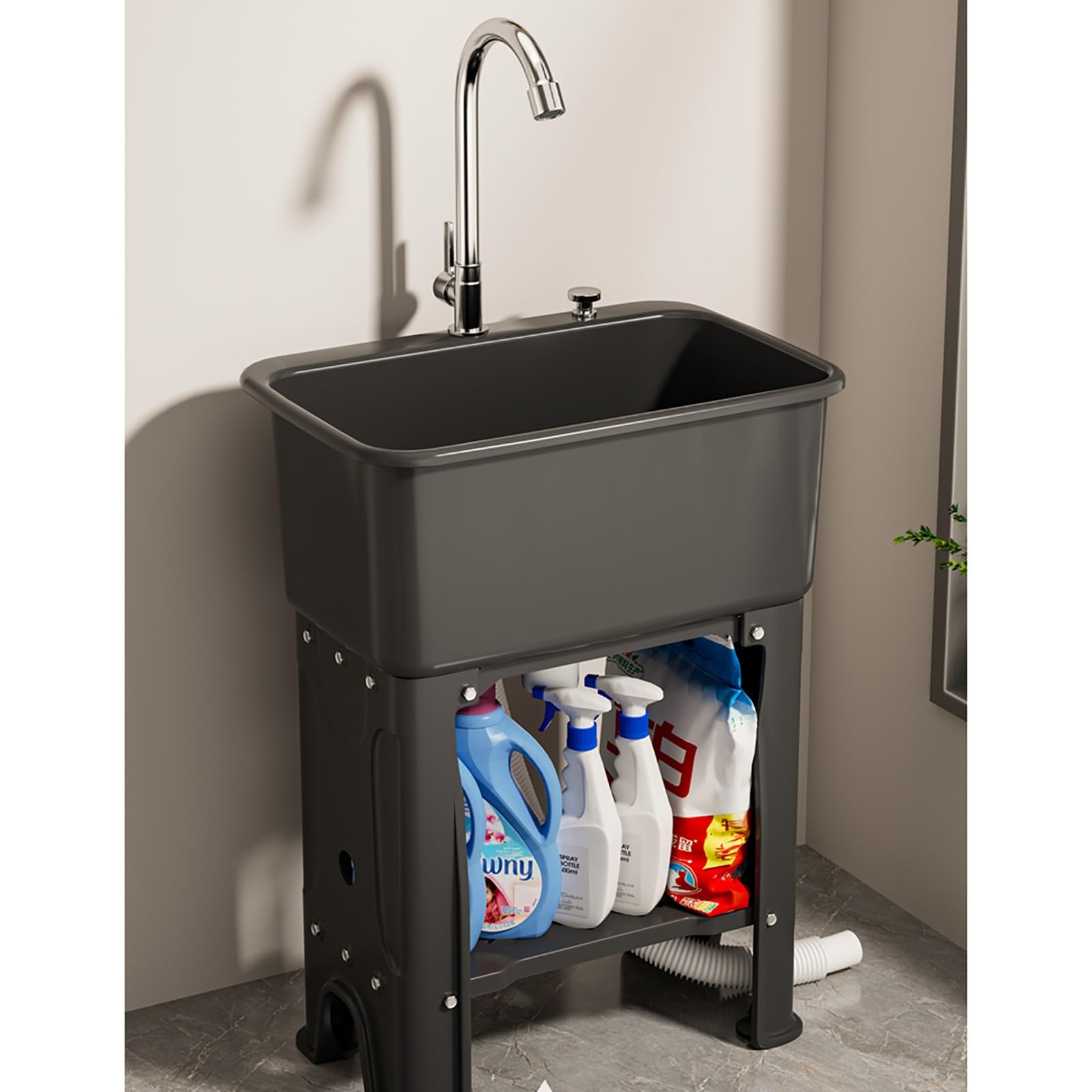 HCZKIUJY Kitchen Utility Sink,Laundry Room Plastic Sink Utility Freestanding Catering Commercial with Faucet + Storage Shelves Drainer Unit for Garage Restaurant Kitchen Room. (Black-40x60x76.5cm)