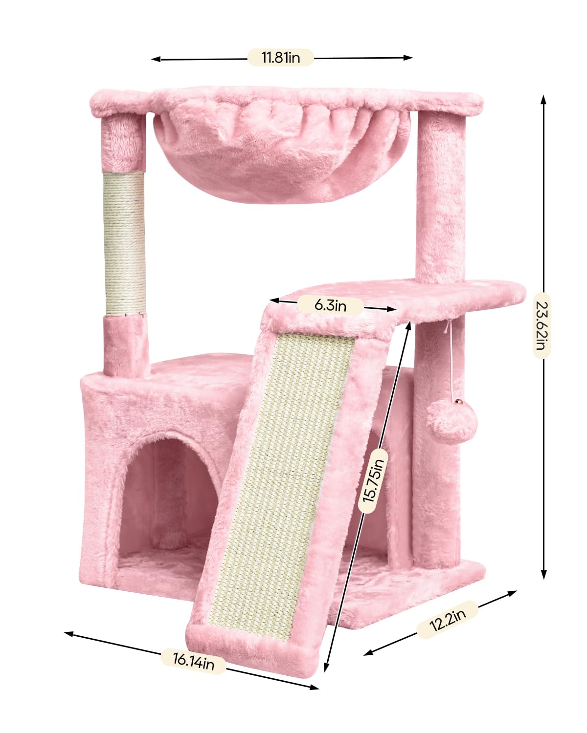 SYANDLVY Cat Tree for Indoor Cats Large Adults, Modern Activity Tower with Scratching Posts & Board, Condo with Plush Perch, Climbing Stand with Cradle & Hanging Ball for Play, Pink