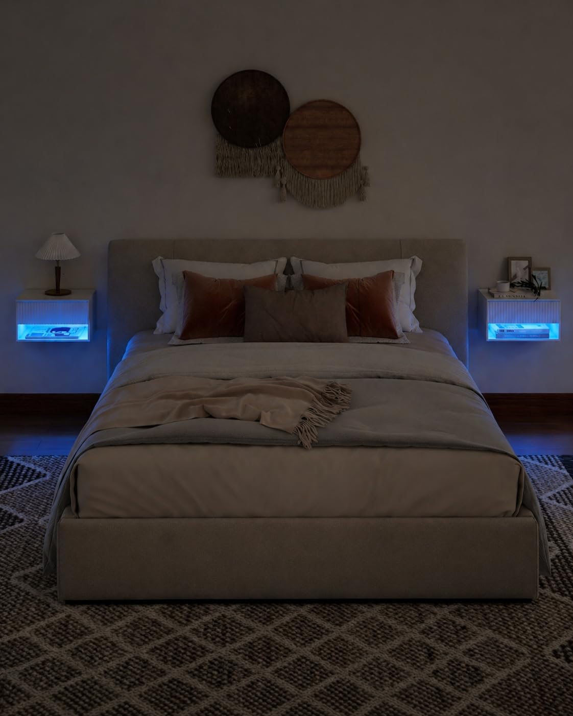 Set 2 Comodini Sospesi Bianchi Comodini da Parete con Cassetto e Vano Aperto Comodini Moderni per Camera da Letto Effetto RGB Decorativo 40 x 30 x 22,5 cm