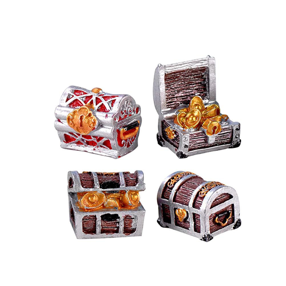 4Pcs Aquarium Tank Decor Mini Treasure Chest Ornament Set Resin Golden Coin Undersea Ornament for Fish Bowl Tank Accessories (Random Style)