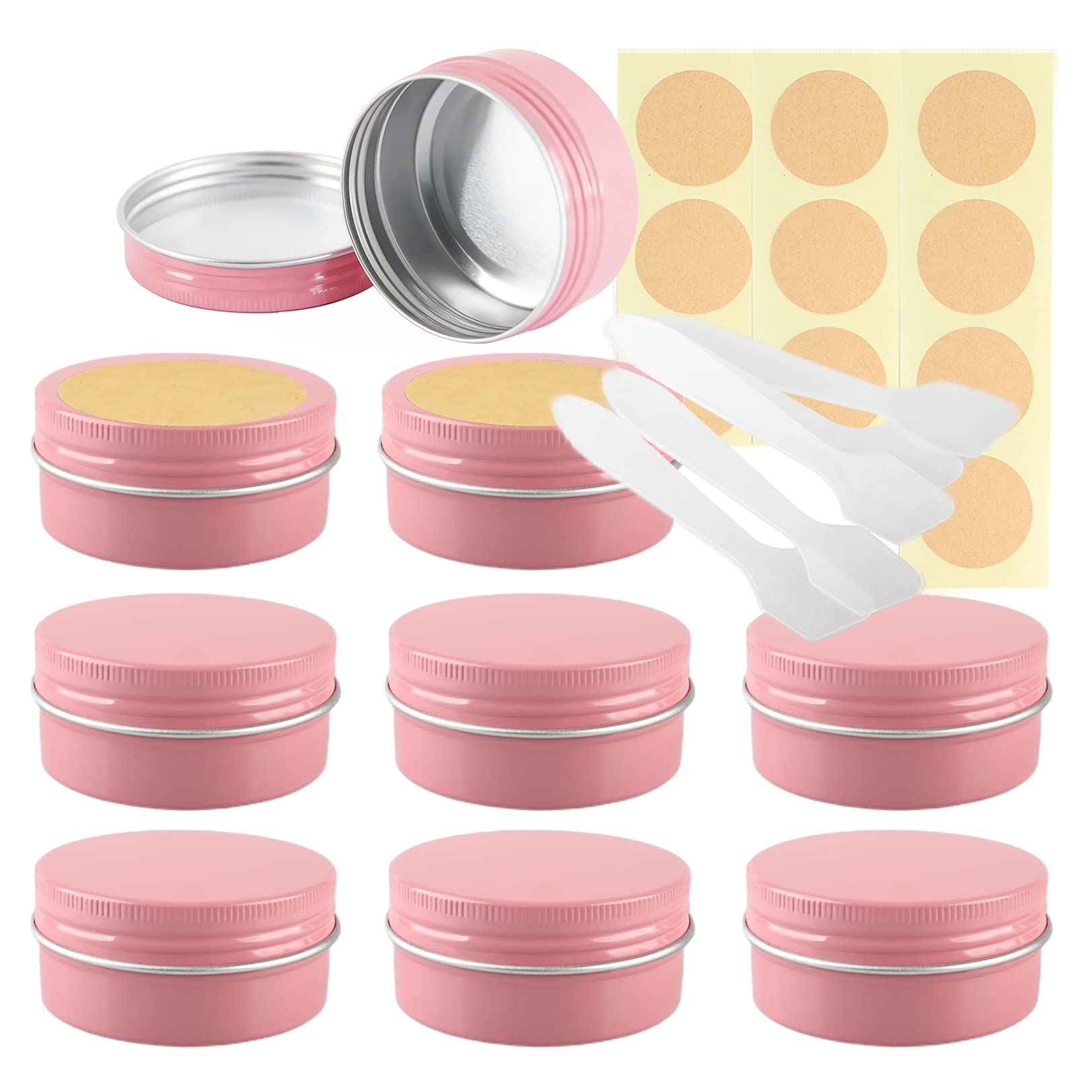 LusDoly Pack of 10 Empty 50ml Pink Aluminium Tins with Lids - Ø57x28mm Round Aluminum Screw Pots Cosmetic Cream Jars Travel Container for Candle Lip Balm with Spatulas & Labels