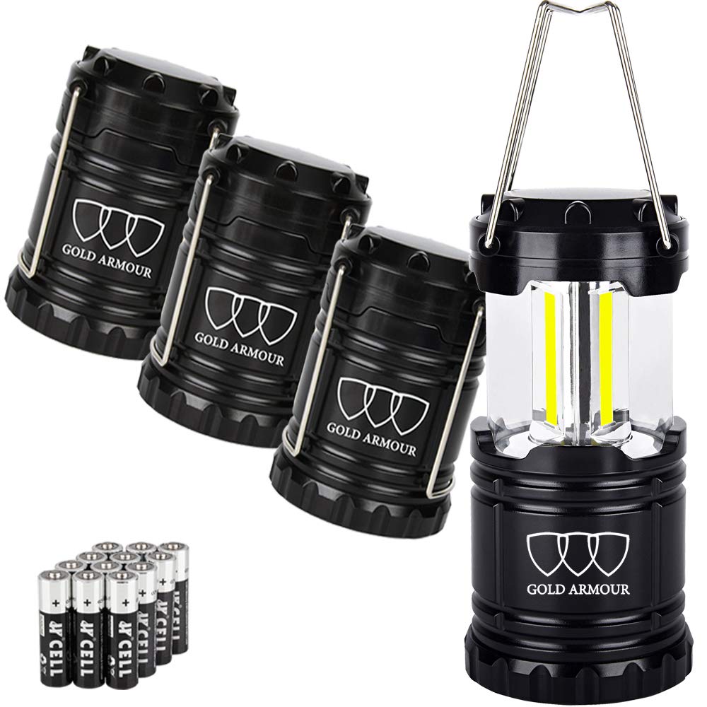 Gold Armour4 Pack LED Camping Lantern Portable Flashlight with 12 aa Batteries - Survival Kit for Emergency, Hurricane, Power Outage Great (350 Lumens)