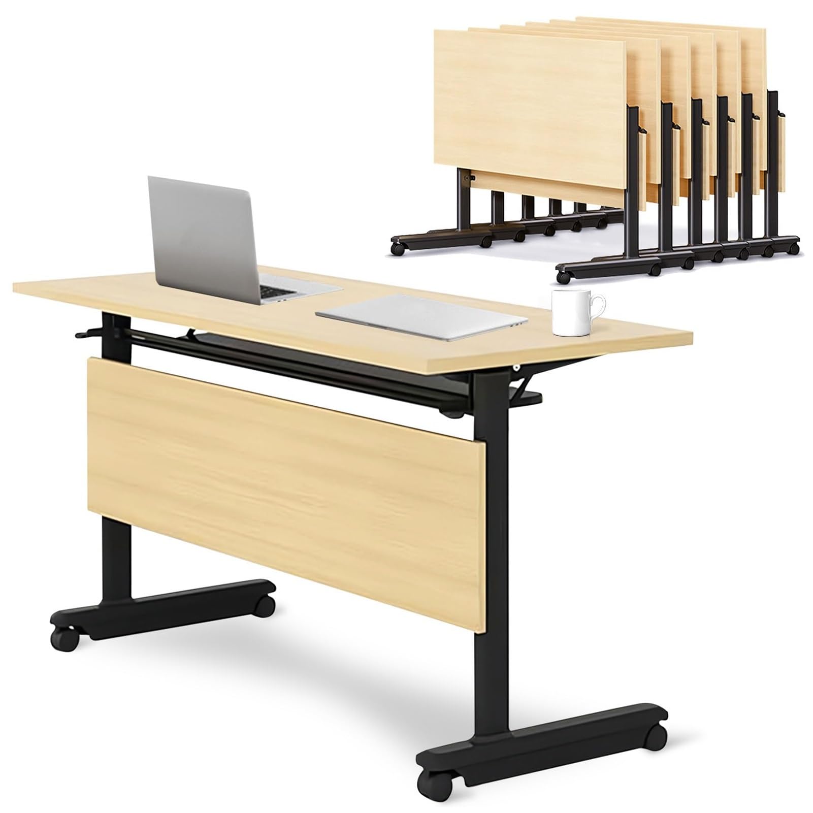 HTDRE Mobile Folding Conference Table with Wheels Baffle Design for Office & Classroom Portable Rolling Training Table Adjustable Height Sturdy & Space-Saving Solution