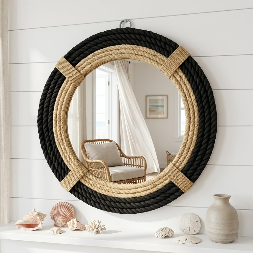 12" Inch Round Rustic Farmhouse Boho Shabby Chic Wall Hanging Mirror with Natural Jute Rope Decor Accent for Entryway, Bedroom, or Living Room (Color 1)