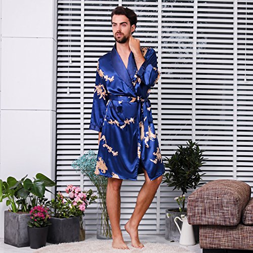Mens Satin Robe Silk Long Sleeve House Kimono Bathrobe Sleepwear Loungewear2