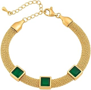 سوار شبكي ذهبي للنساء مرصع باحجار خضراء مربعة سلسلة قابلة للتعديل مجوهرات انيقة هدية للنساء