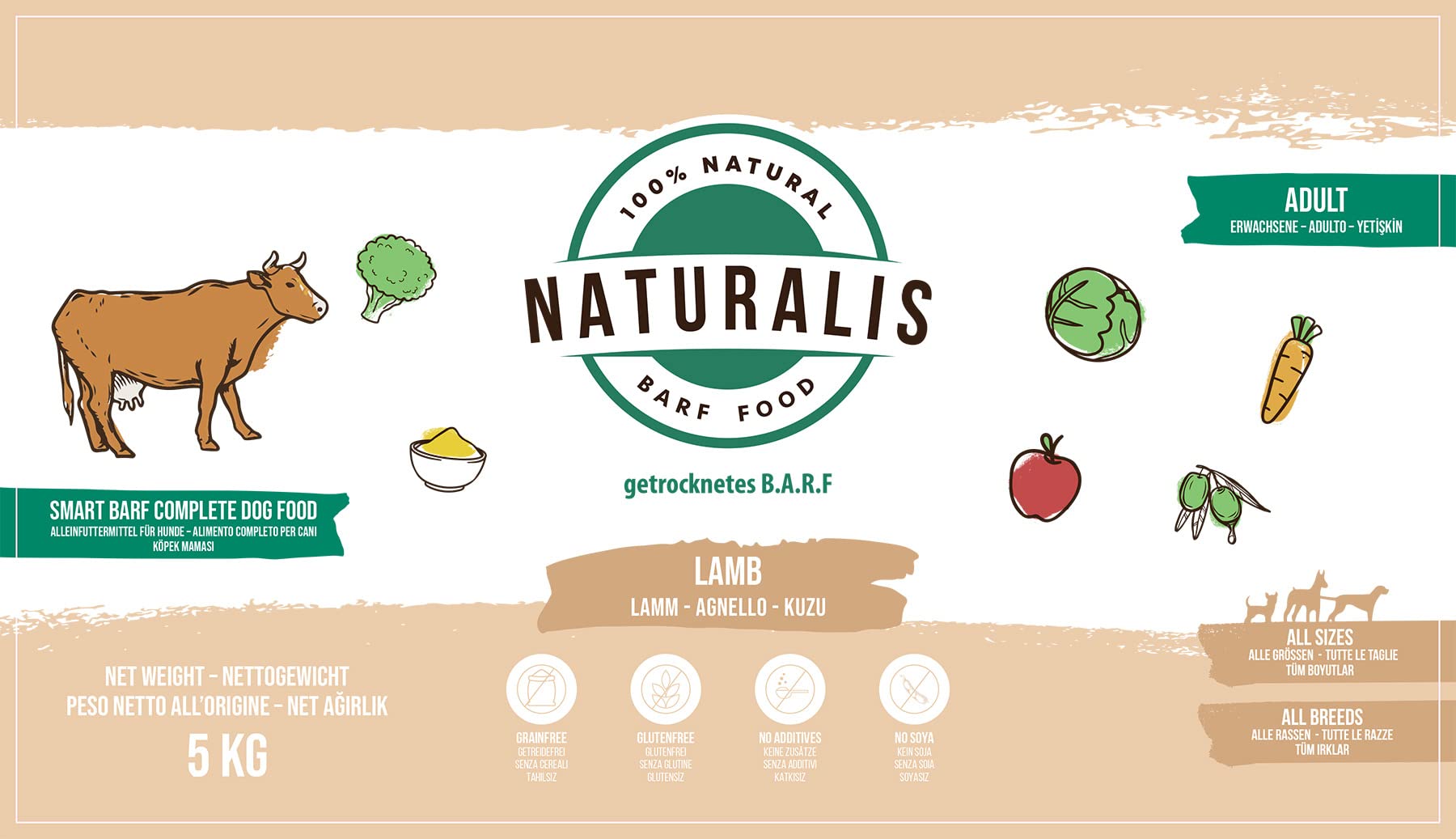 Naturalis Smart 80 Barf sucha karma dla psów 5 kg z jagnięciną, pasza kompletna bez dodatków, bezzbożowa, bez soi, bezglutenowa, hipoalergiczna