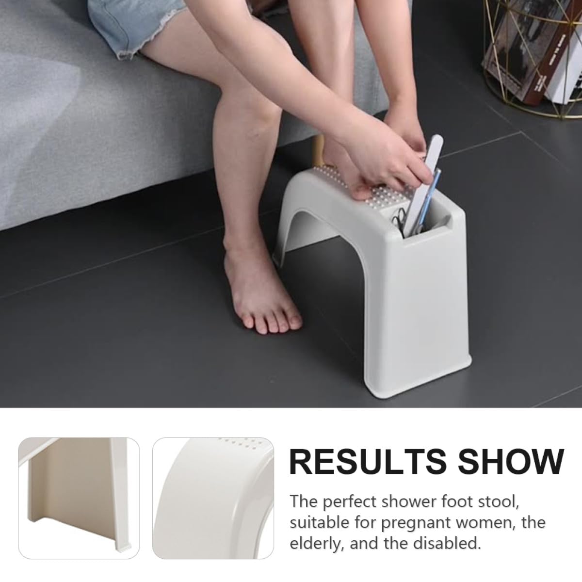GALPADA Poggiapiedi per Pedicure in Plastico Beige Multifunzionale Supporto Antiscivolo e Portautensili, Sgabello Comodo per Bagno per Anziani e Donne in Gravidanza