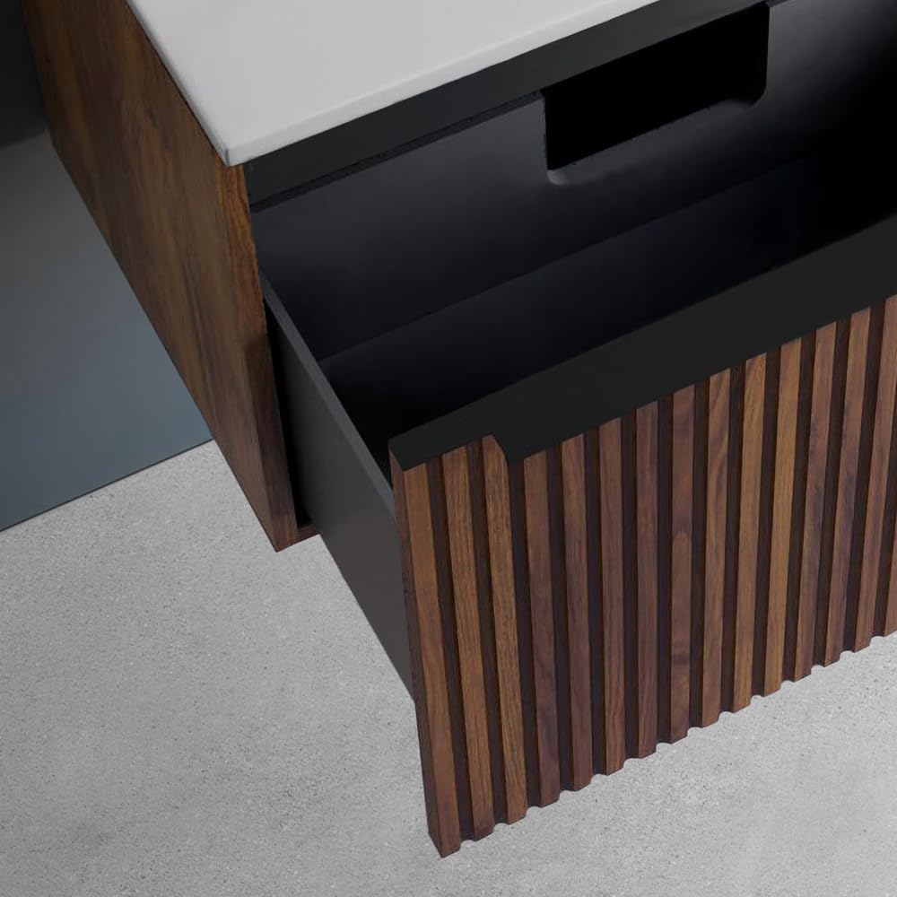 Mobile Da Bagno Sospeso 80 Cm Color Noce Maya Cannettato In MDF Rivestito in PVC Con Cassetto E Maniglia A Chiusura Rallentata E Lavabo In Ceramica Linea Nara