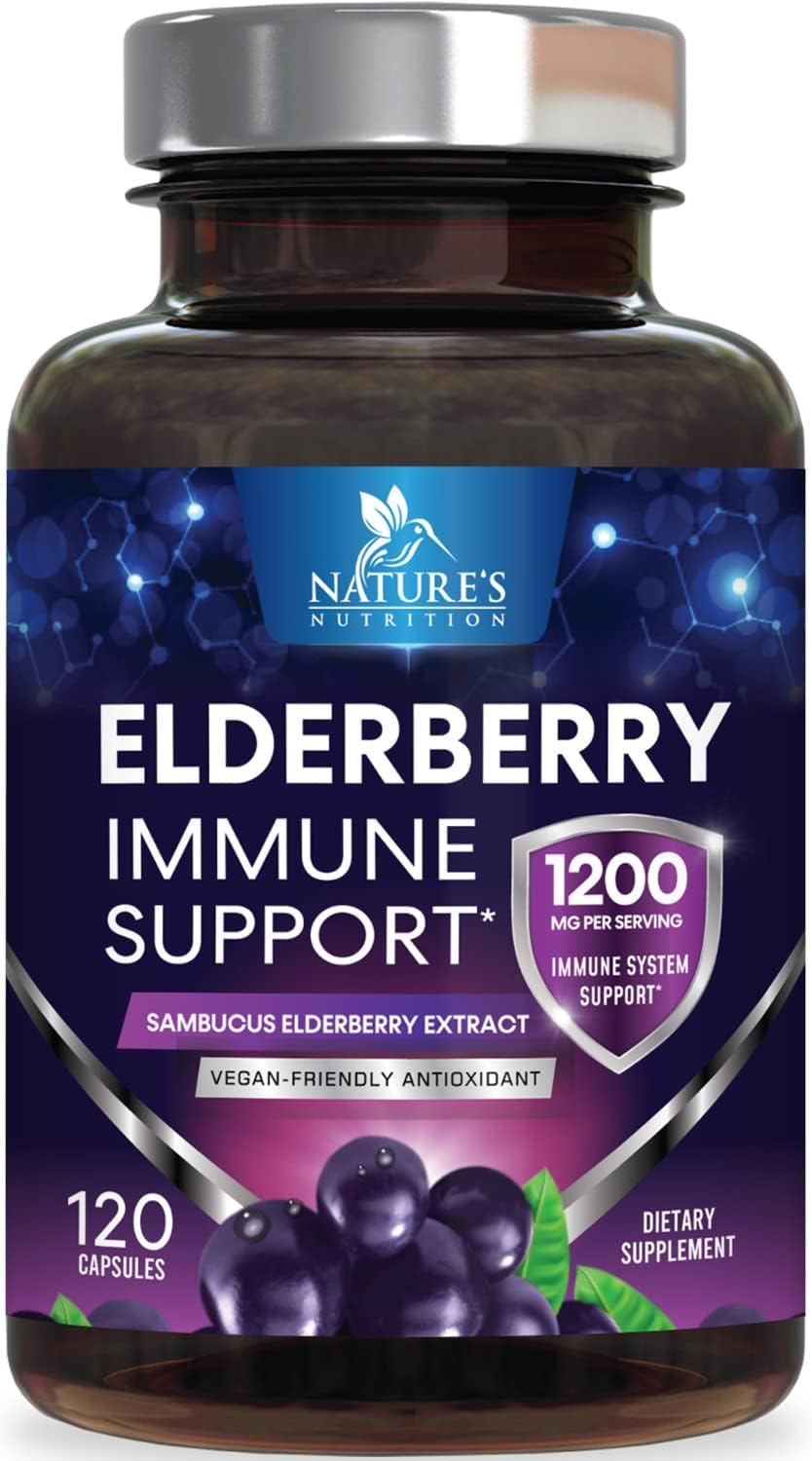 Elderberry Capsules 1200mg - Sambucus Immune Support for Adults with Concentrated Sambucus Black Elderberry Extract - Antioxidant Vitamin Vegan Supplement, Gluten Free, Bottled in USA - 120 Capsules