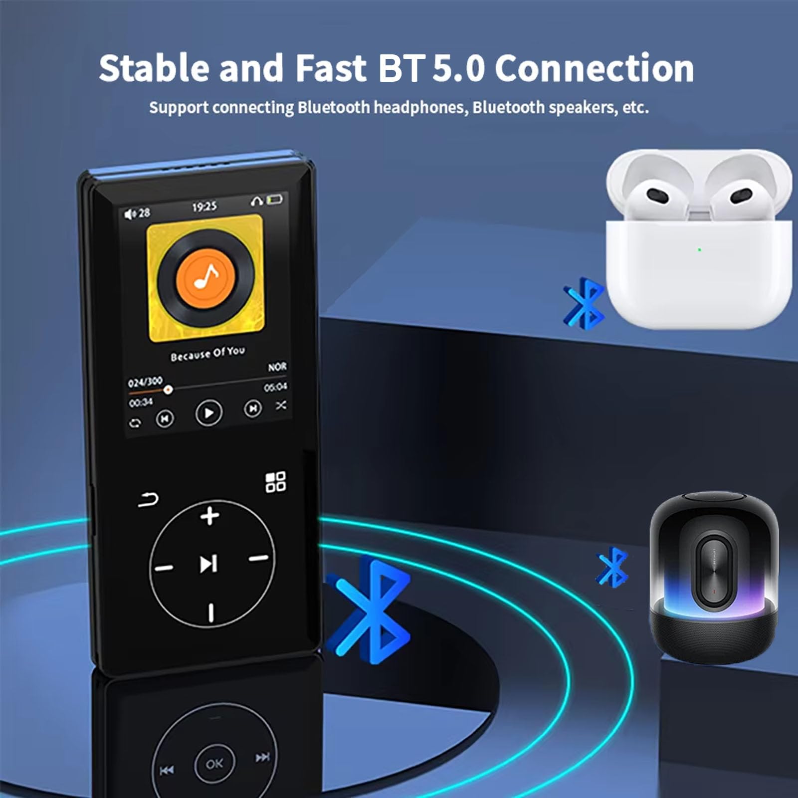 Reproductor MP3 de 64 GB con Bluetooth 5.0, reproductor de música portátil HiFi sin pérdidas con pantalla de 2,4", altavoz integrado, 30 horas de reproducción, radio FM, ampliable a 256 GB,32GB