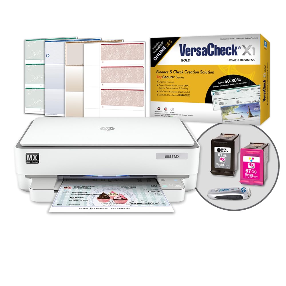 VersaCheckHP Envy 6055 MXE MICR Printer X1 Gold Printing Software Bundle, White