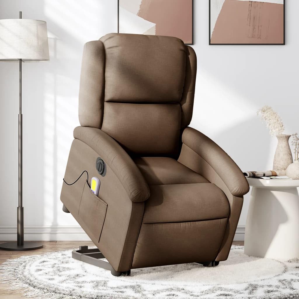 Sillón elevador eléctrico reclinable con masaje de 6 puntos, tejido marrón, función elevación y vibración, estructura estable de madera y metal, cómoda con bolsillo