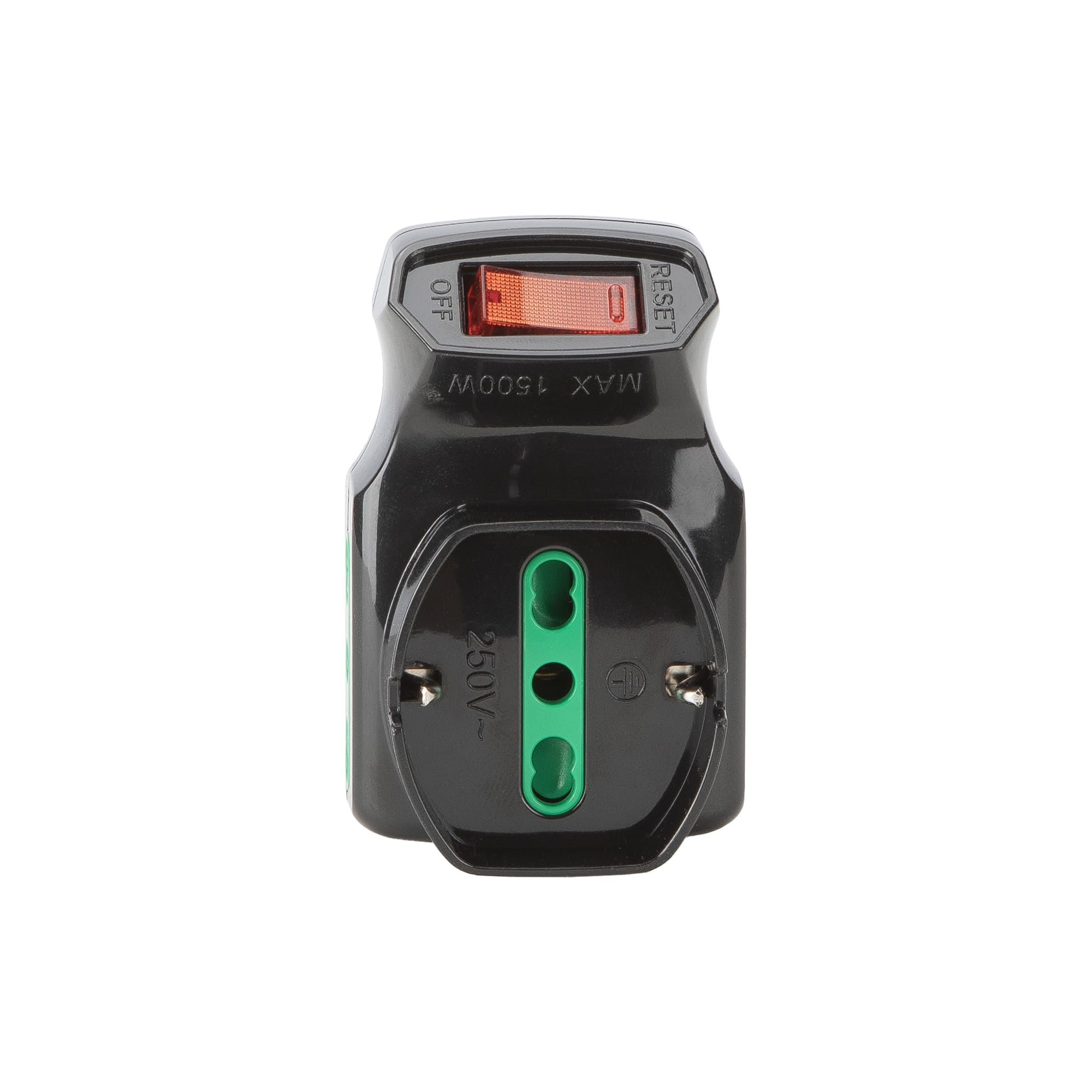 FANTON Adattatore triplo spina piccola 10A 2 prese bipasso 16A 1 presa bipasso italo/tedesca schuko con interruttore protezione sovraccarico NERO