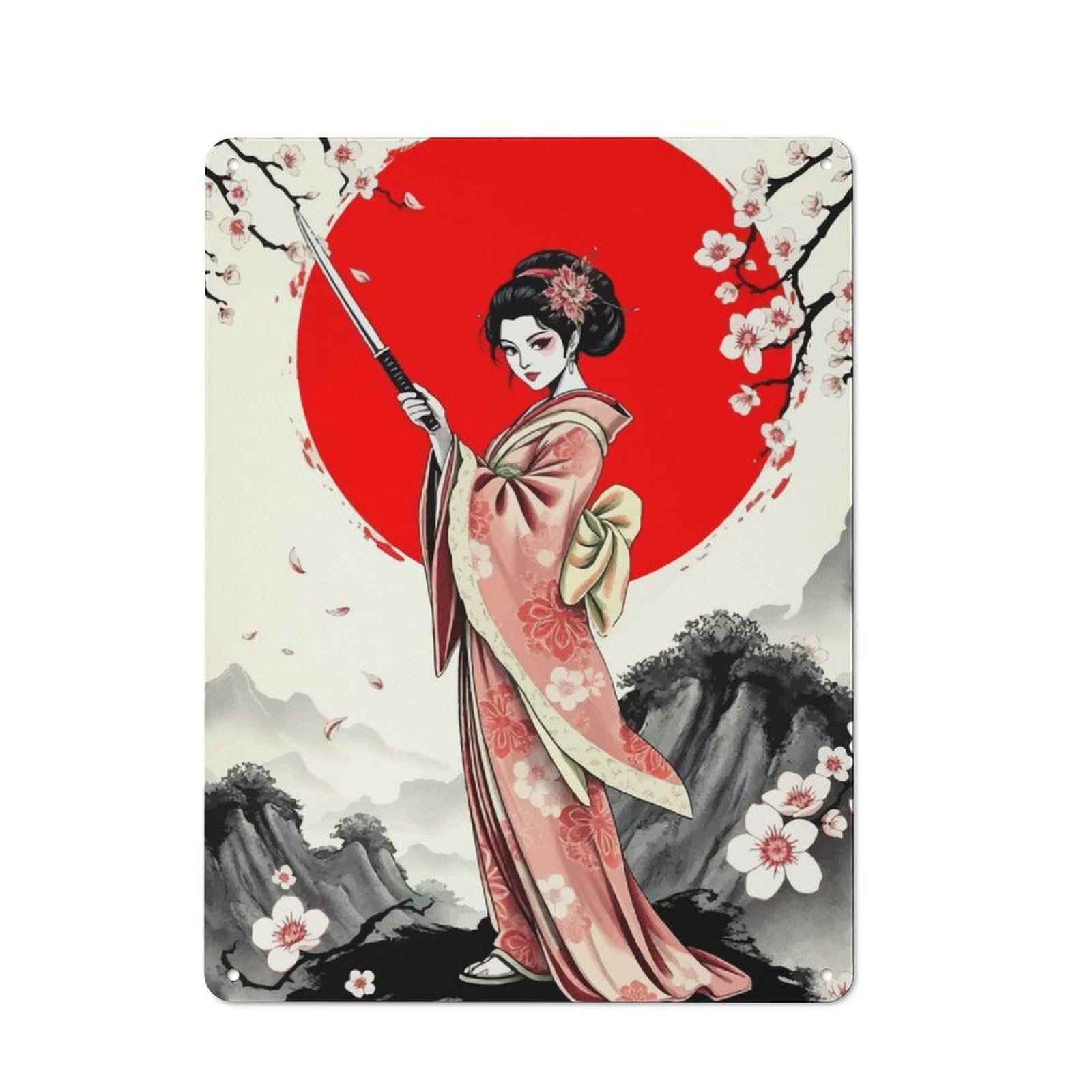 Junmoney Geisha With Katana Tin Sign 40X30cm With For Living Room Wall, Rustic Decor, Seasonal Metal Wall Decor For Autumn Interiors