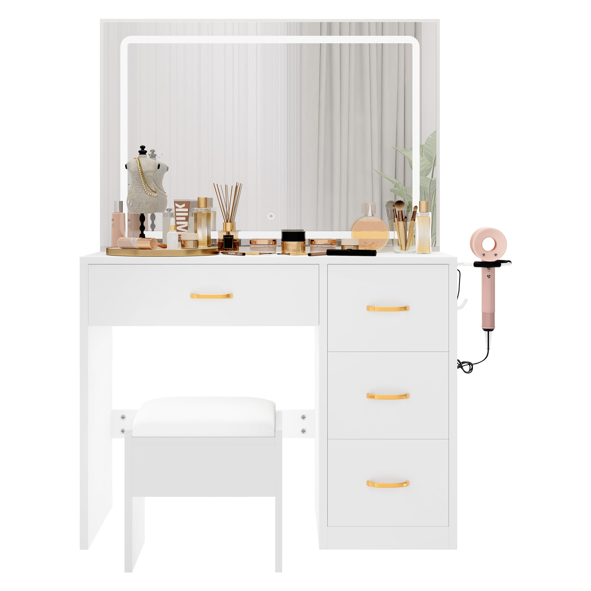 YITAHOME Tocador con iluminación LED Ajustable y enchufes,Tocador con Espejo,Tocador con 4 cajones con Taburete,Blanco