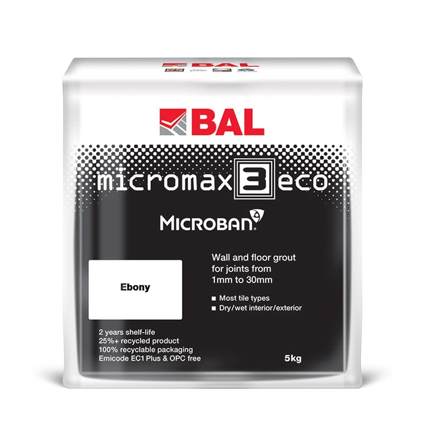 Bal Micromax3 Eco Grout Wall & Floor Grout, Rapid Set, Antimicrobial, Suitable For Interior & Exterior 5KG Bag - Ebony