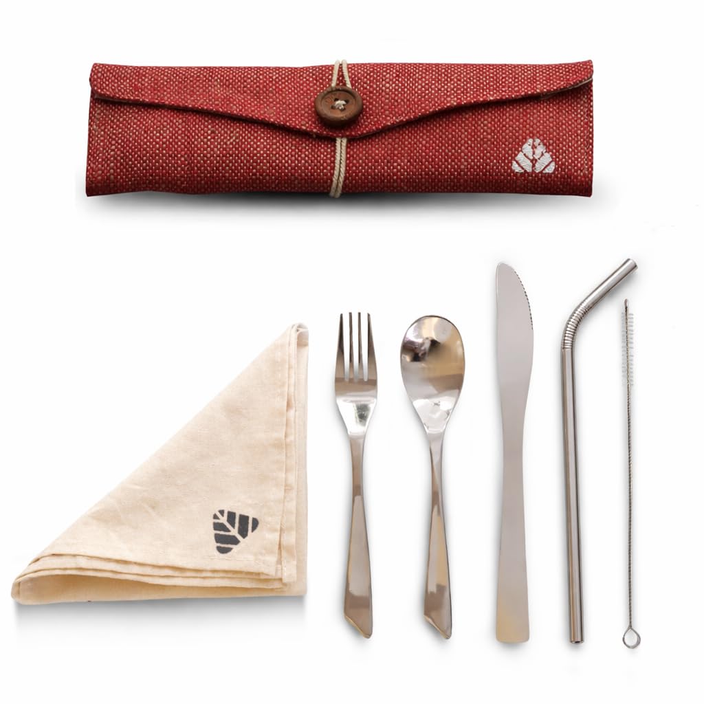 Rusabl Stainless Steel Cutlery Set (Pack of 6, Red) Reusable Travel Pack for Daily Use, Gifting and Travelling (Spoon, Fork, Knife, Steel Straw, Cleaning Brush, Napkin and Jute Pouch)