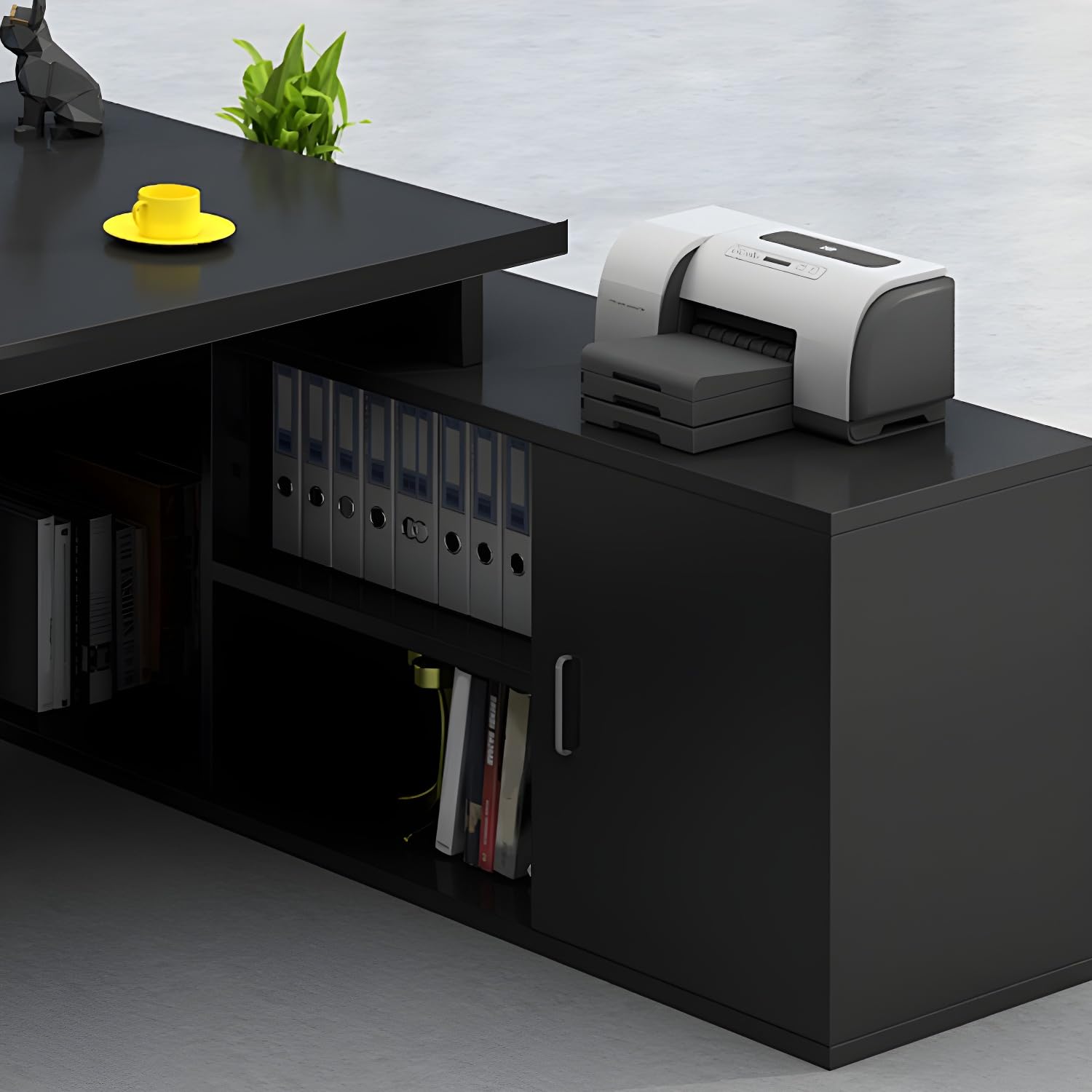 Moderner L-förmiger Büroschreibtisch mit Holzsockel, Chefschreibtisch, Cheftisch, Computer-Wohnmöbel, Schubladen und Ablagefächer – ohne Stühle, 78,7" L x 31,5" B x 29,5" H, Schwarz