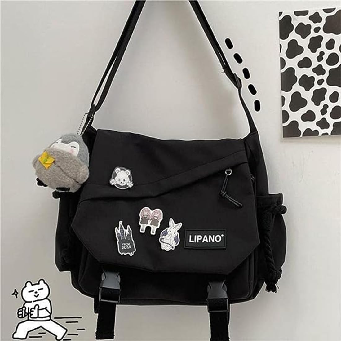 Aesthetic Crossbody Bag with Cute Pins and Ornament, Nylon Shoulder Messenger Bag Japanese Kawaii Bag for Women Men - Image 9