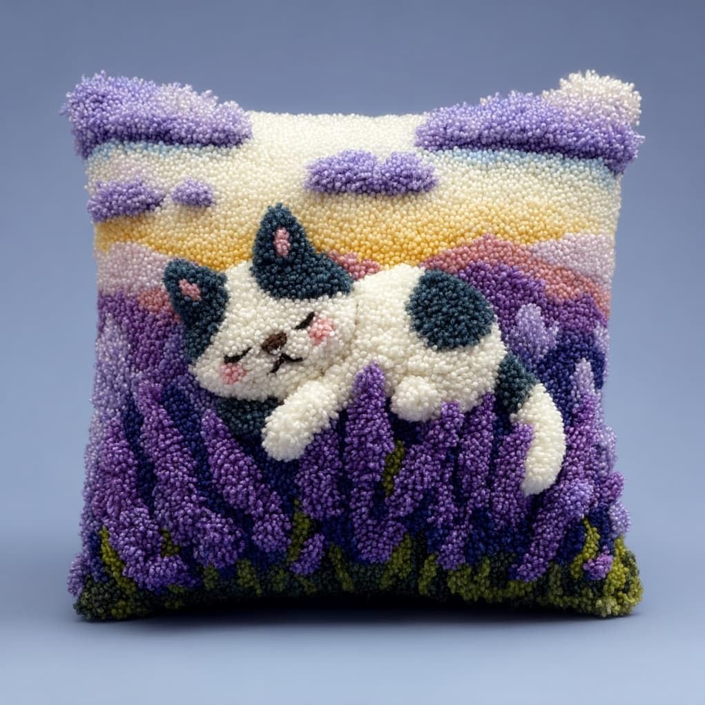 Henypt Easy Beginner Latch Hook Pillow Kit 43x43cm,Lavender Flowers and Cats Needlework Cushion Set Pre-Printed Canvas and Tool Included,Simple Sofa Decor Project