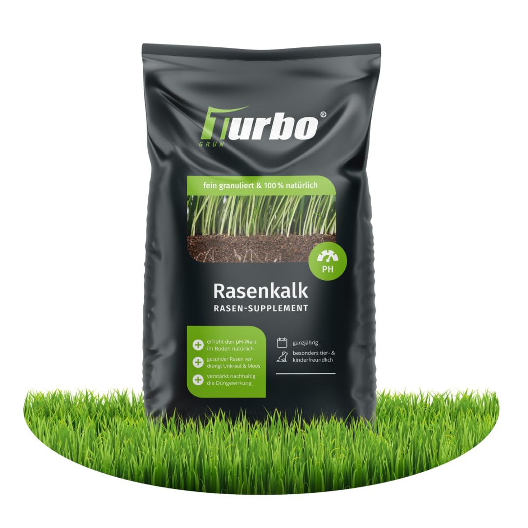 Rasenkalk und Gartenkalk, Turbogrün, 15kg für 150m², gesunder Rasen gegen Moos und Pilze, verstärkt Düngung, Staubarm, Rasendünger Frühjahr, Ideal für den Streuwagen