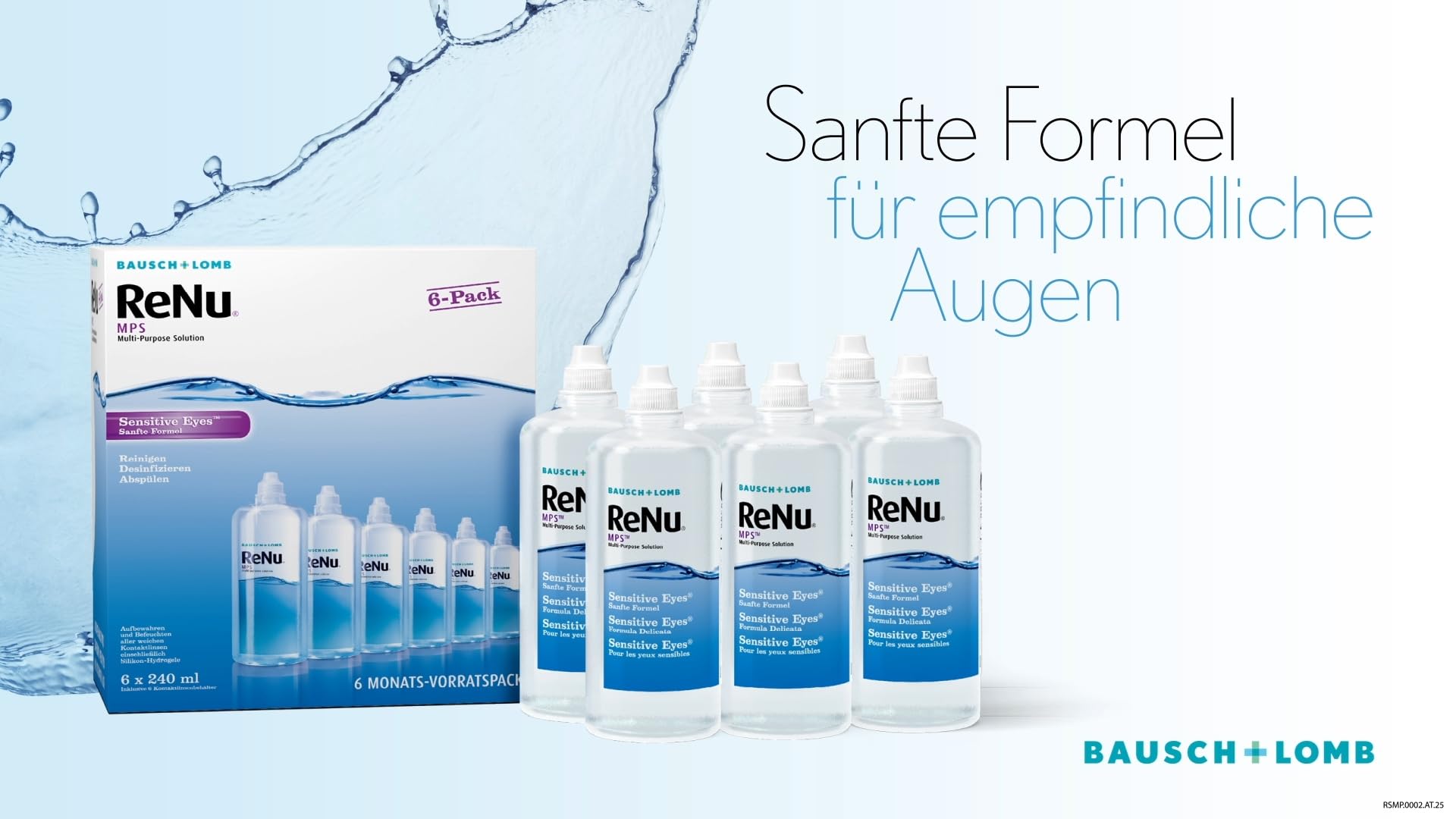 Bausch + Lomb ReNu MPS Sensitive Eyes Kombilösung - Kontaktlinsenreiniger und Aufbewahrungslösung, weiche Kontaktlinsen, Halbjahrespack, 6 x 240 ml