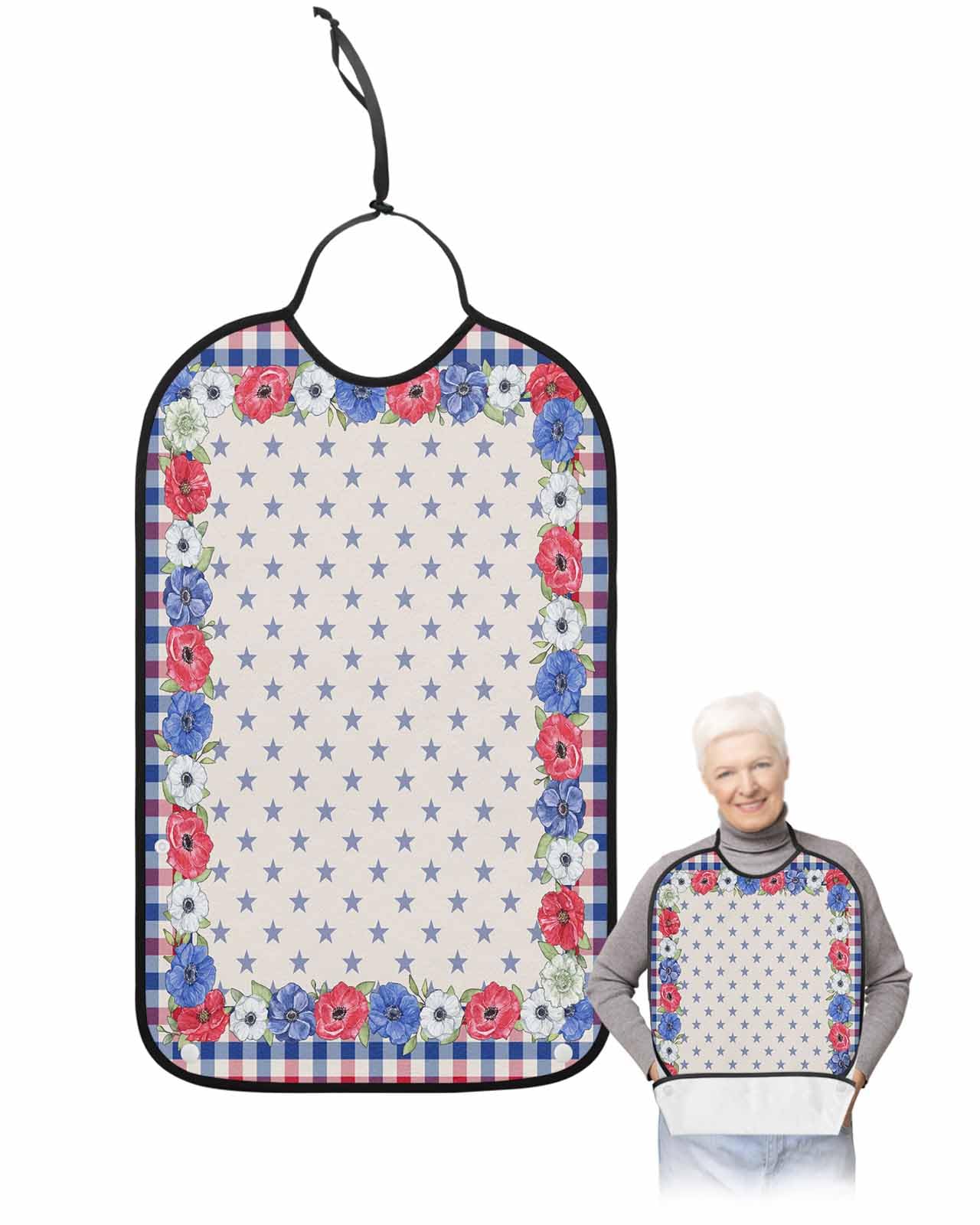4th of July Flower Adult Bib for Adults Men,Women,Stripes Stars Patriotic Memorial Day Plaid Washable & Adjustable Terry Cloth Bib with Crumb Catcher Reusable Clothing Clothes Protector Apron