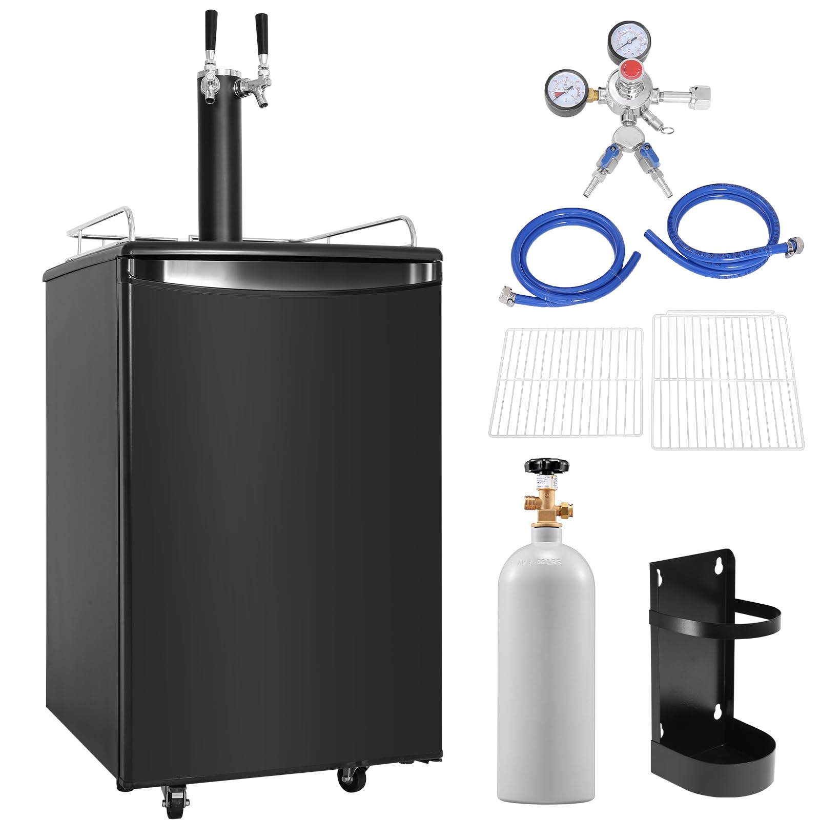Happybuy Dual Tap Beer Kegerator - Full Size Keg Refrigerator with CO2 Cylinder, Shelves, Drip Tray & Rail, 32°F - 50°F Temperature Control, Fits 1/6, 1/4, 1/2 Barrels, Black | Fridge.com
