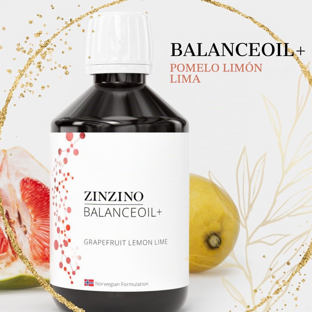 ZinZino BalanceOil+ Aceite de pescado Omega-3 2478 mg, Omega-9, Vitamina D3, Tocoferol, DHA, EPA con aceite de oliva, pomelo, limón y lima, 300 ml