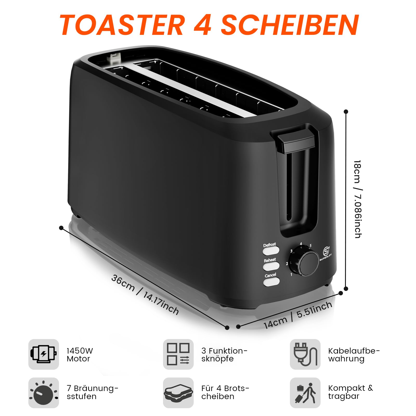 Tostapane a fessura lunga, 4 fette, 1450 W, 7 livelli di doratura, funzione scongelamento, riscaldamento e stop, con inserto per panini e cassetto briciole lavabile, per baguette, pane e