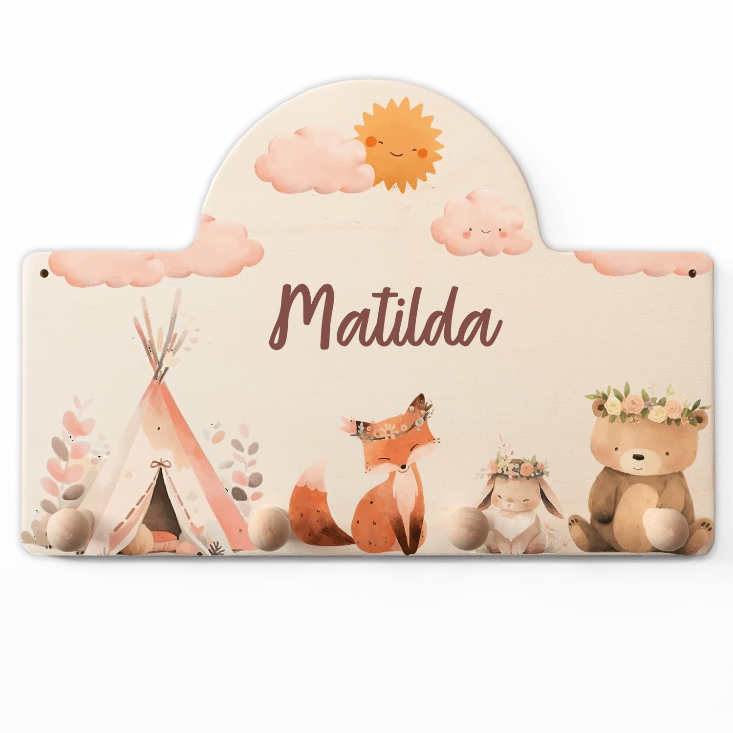 GRAVURZEILE Personalisierte Kindergarderobe - Camping - Personalisiert mit Name - Garderobe aus Holz mit 4 Kleiderhaken für Baby & Kleinkinderzimmer - Geschenk für Mädchen & Jungen