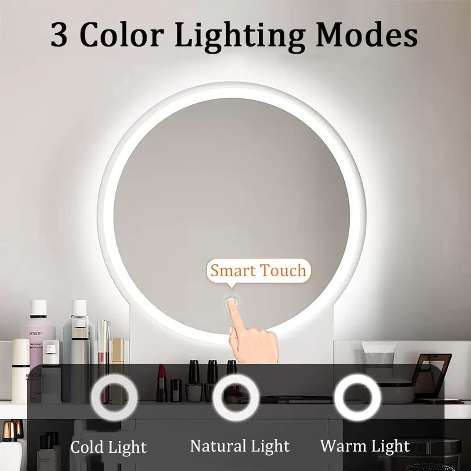 Grote luxe kaptafel met spiegel en verlichting, 3 kleurenverlichtingsmodi, make-uptafel met 5 laden en kruk, slaapkamerijdelheidsbureauset met mobiele zijkast voor haar