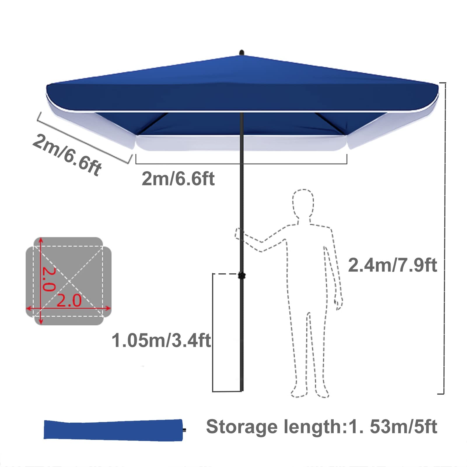 Prostokątny parasol ogrodowy, wodoodporny parasol na zewnątrz, ochrona UPF 50+, stalowa rama, torba do przenoszenia, na patio/plażę/basen, niebieski (Size : 2x2m/6.6x6.6ft)