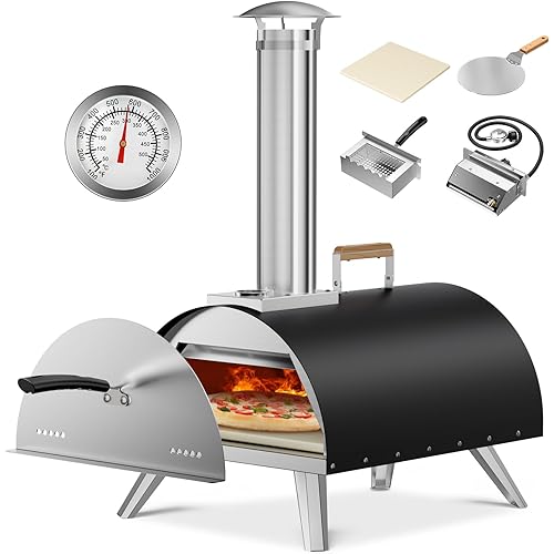 Multi-Fuel Pizza Oven Outdoor, 12" Portable Wood and Gas Fired Pizza Oven with Thermometer,Gas Hose & Pizza Stone,Heats up to 1000°F,Stainless Steel Pizza Oven for Backyard or Camping (Black)