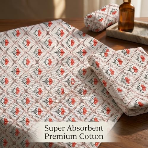 Image of Mafatlal Madhuban Lightweight Cotton Set (1 Bath 147x76 cm + 2 Hand 76x38 cm) | 250 GSM | Floral Hand Print, Quick Dry | Koi White Color