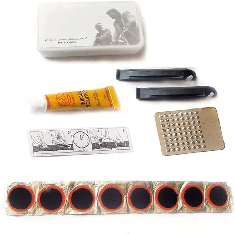 eWINNER Mountain Bike Cycling Portable Inner Tire Patch Repair Kit with 8 Pieces Vulcanizing Patches Metal Rasp and Lever and Storage Box