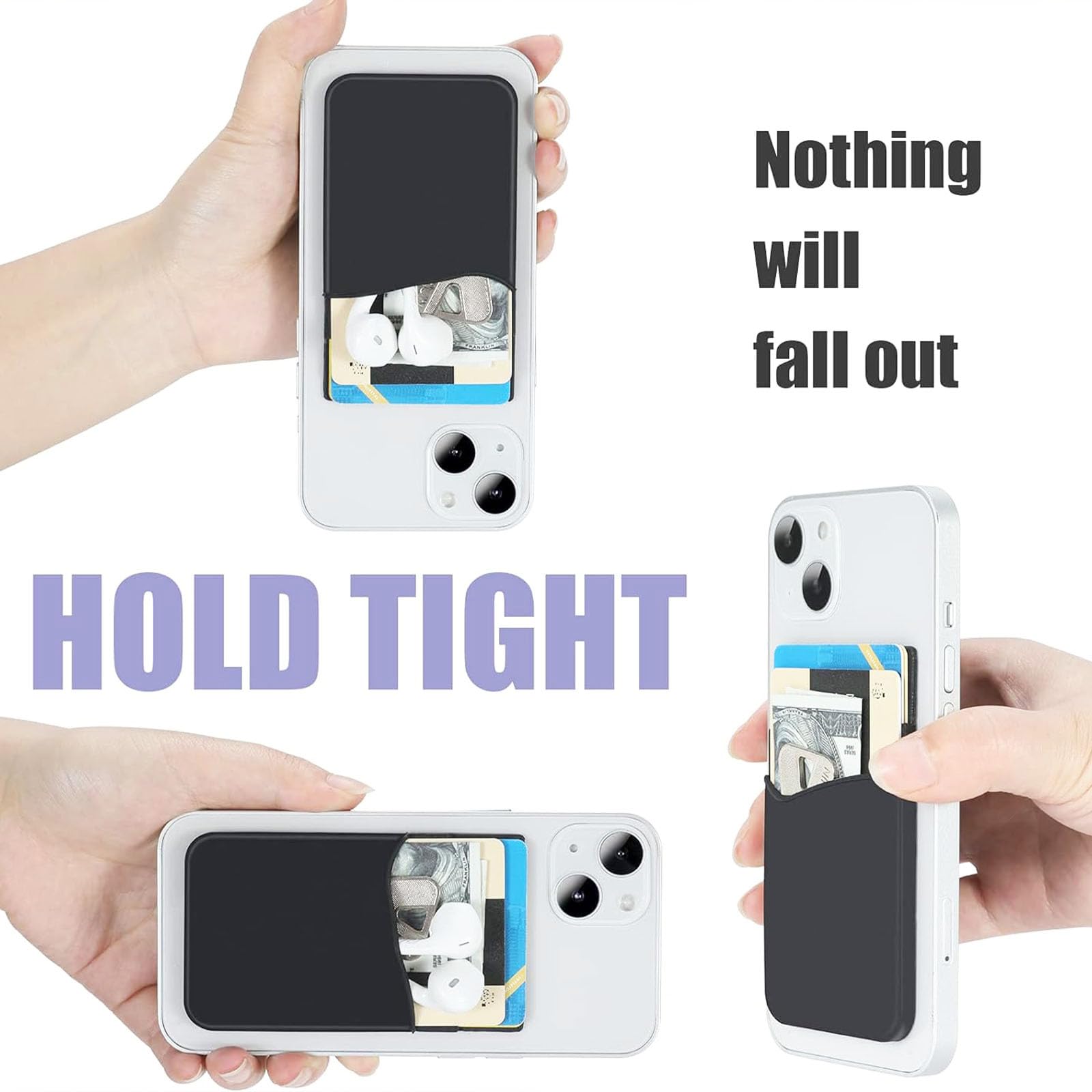 Confezione da 4 porta carte adesive per telefono, in silicone, autoadesivi, per retro del telefono, portafoglio per cellulare, carte di credito, Nero Bianco Grigio Grigio Chiaro, ALL PHONE,