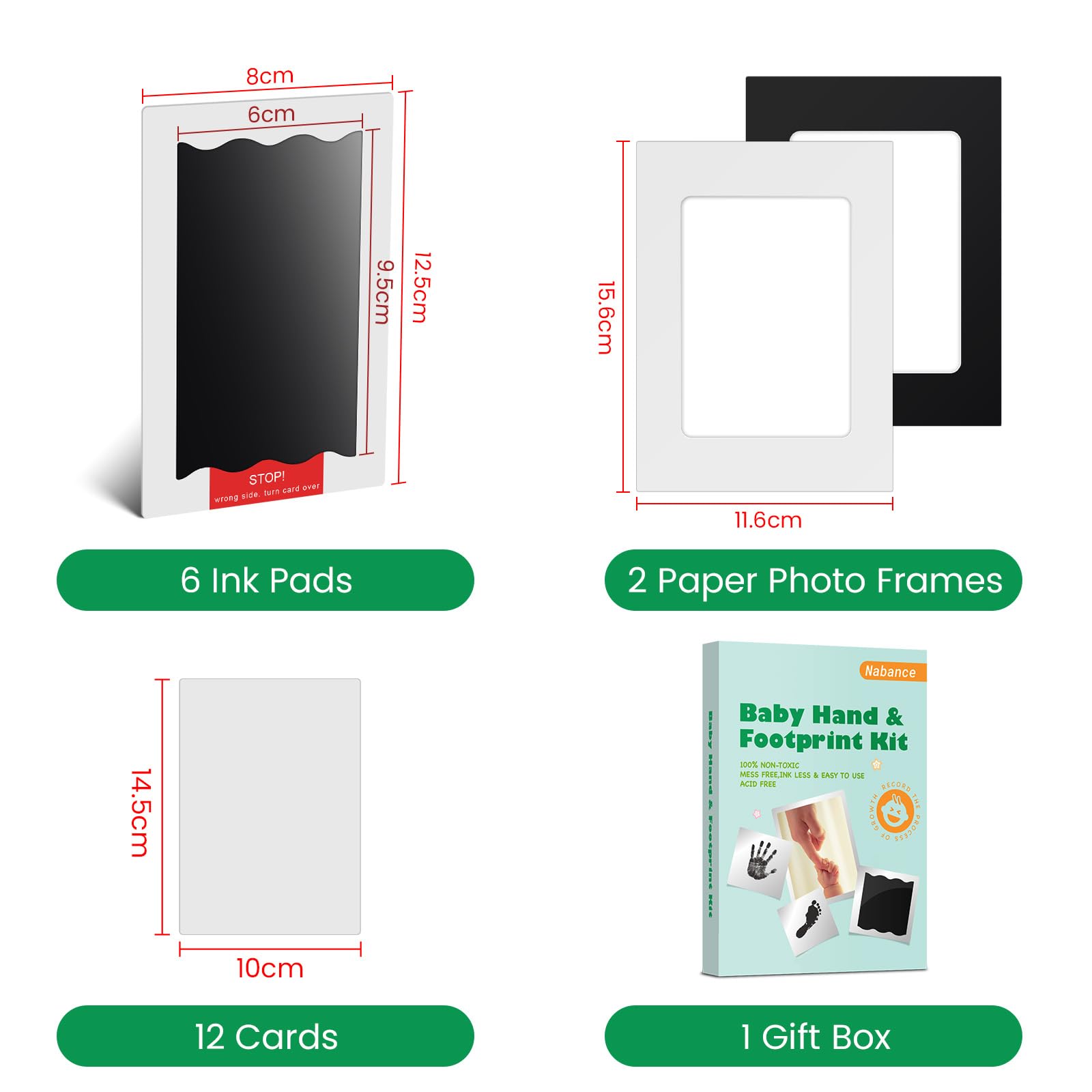 Nabance Baby Footprint Kit & Handprint Kit, 6 Inkless Ink Pads, 2 Photo Frames, 12 Imprint Cards - Image 2