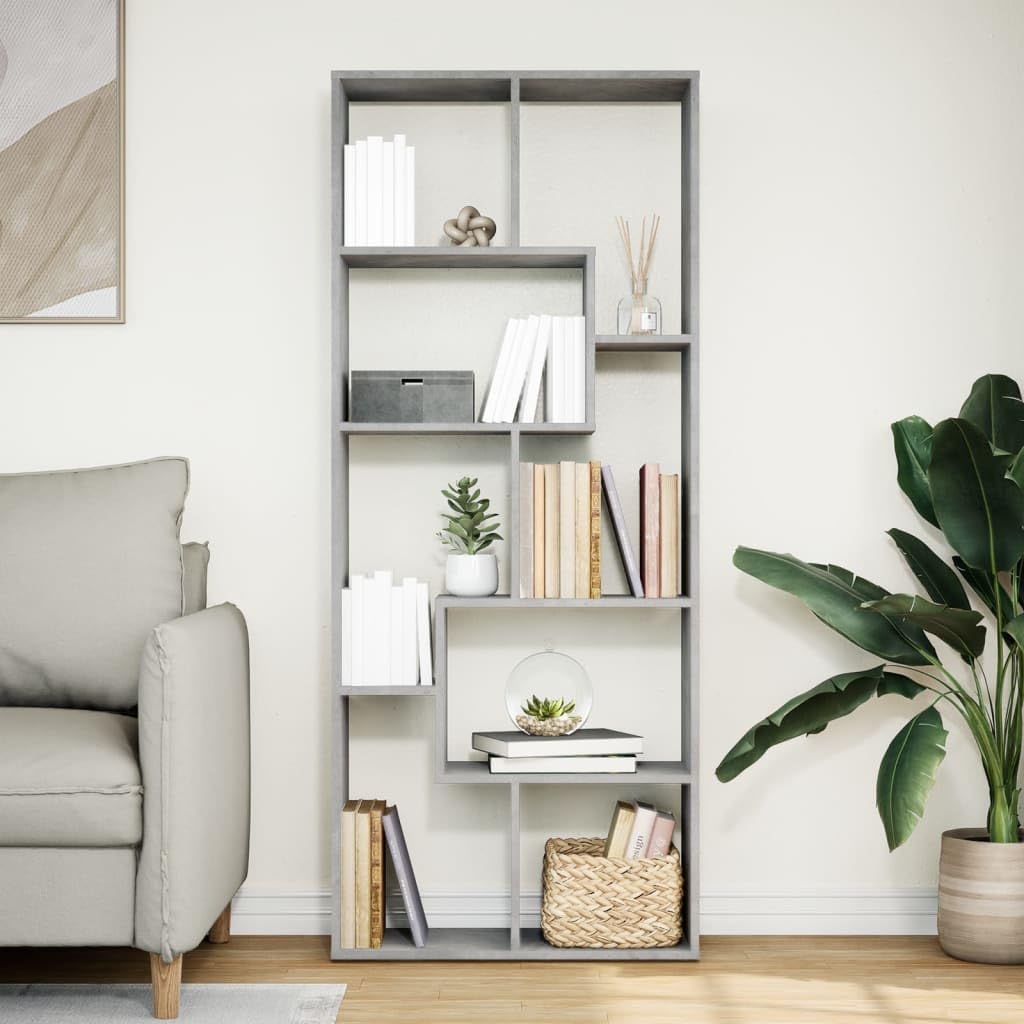 Regał na książki, betonowy, szary, 67 x 25 x 161,5 cm, z materiału drewnopochodnego, geometryczny design z dużą ilością miejsca do przechowywania, elastyczne możliwości ustawienia na