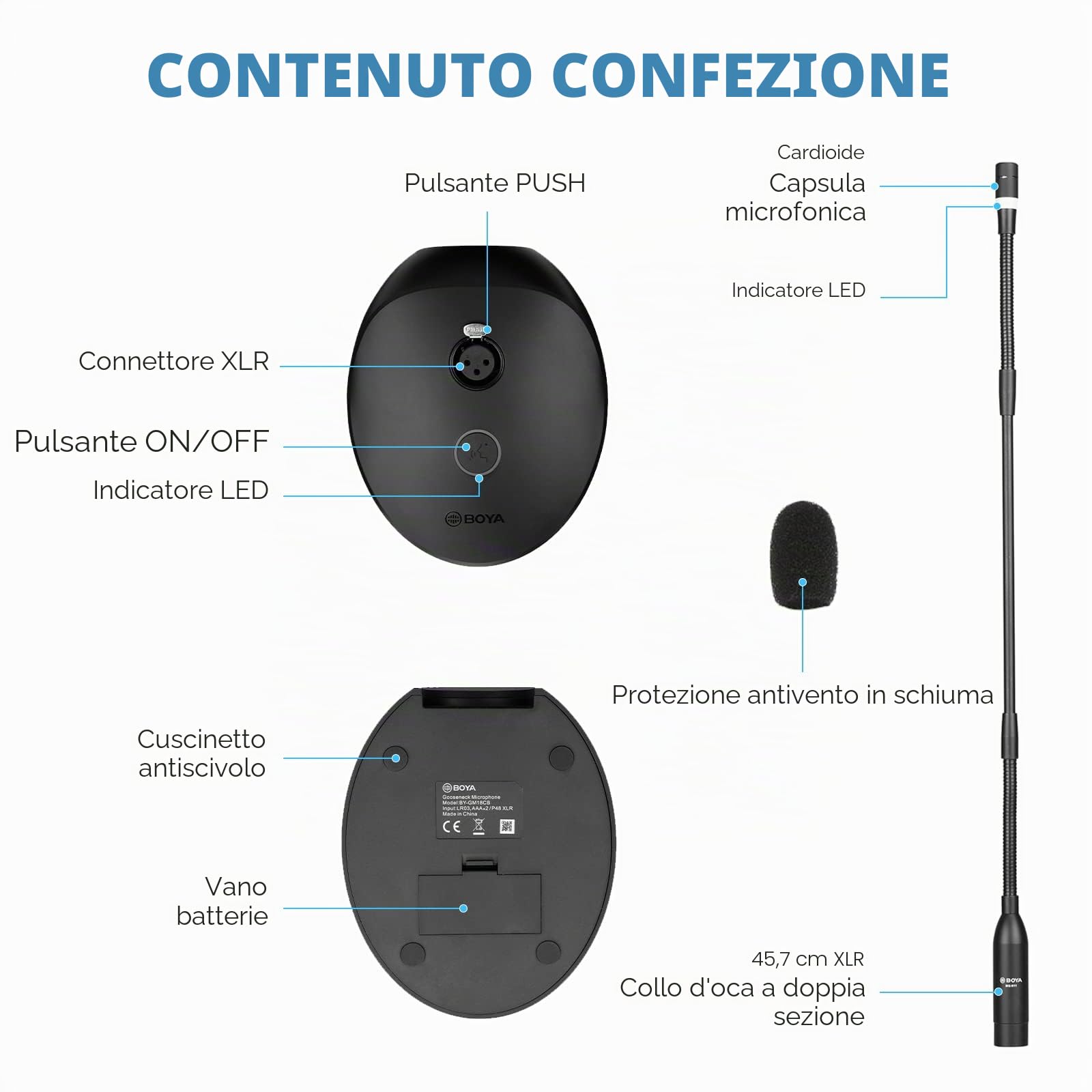 BOYA BY-GM18CB - Microfono a condensatore a collo d'oca da 18" con base da tavolo, indicatore LED, parabrezza in schiuma per conferenze, video streaming in diretta
