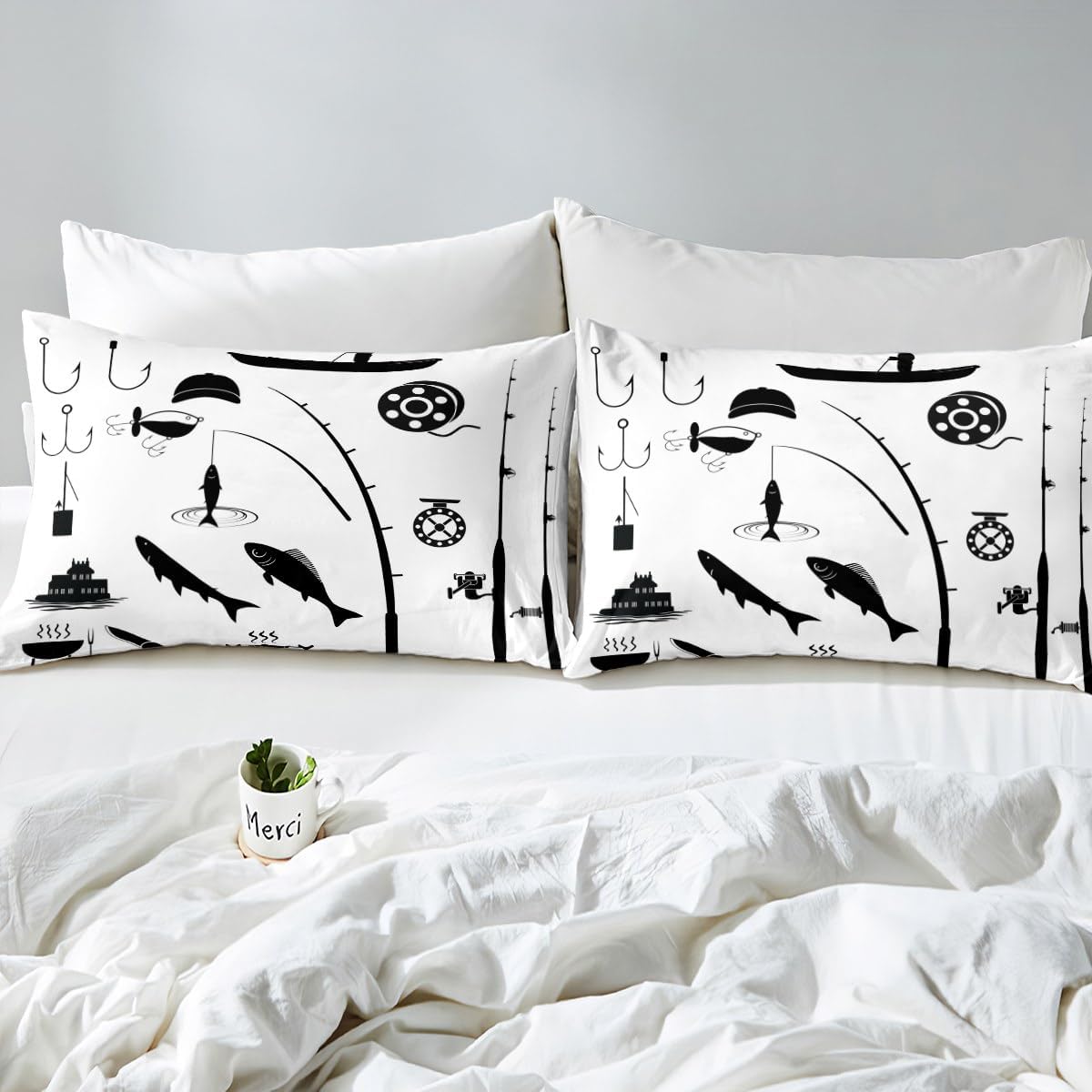 Erosebridal Fish Sheet Set Picnic Camping Bed Sheets for Man Teens Boys Adult,Fishing Gear Fitted Sheet Fishhooks Top Sheet Twin,Black and White Fishing Pole Fish Hook and Line Angling Room Decor image 4