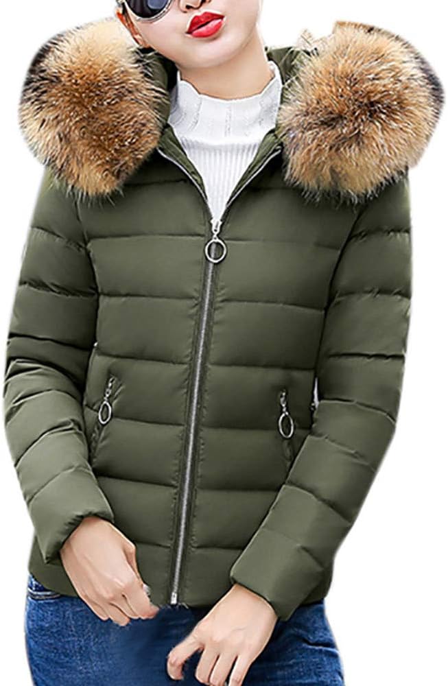 Women Puffer Fur Collar Hooded Jackets Coats, Ladies Fashion Winter Warm Thicker Slim Fit Short Overcoat Outwear, Casual Down Jacket Coat for Women