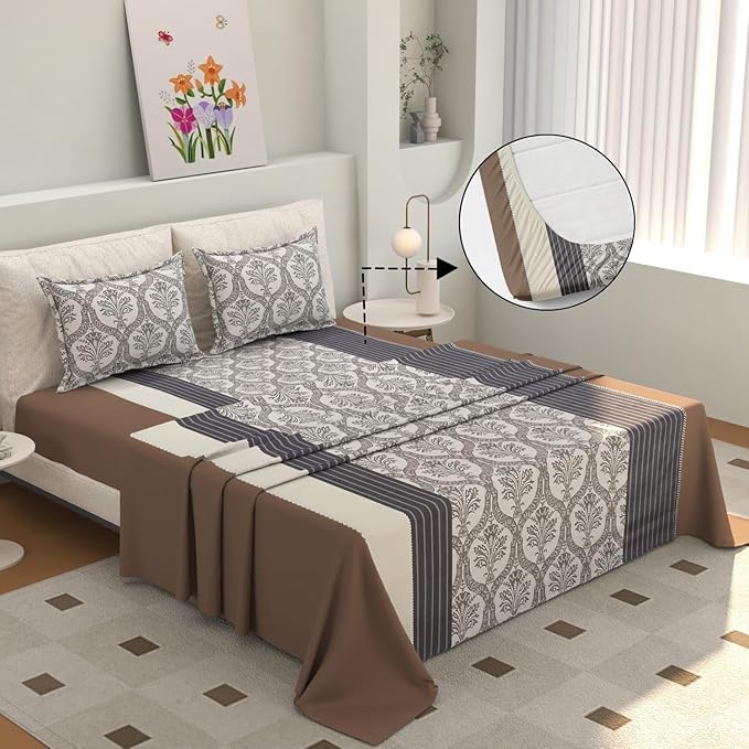 Image of 400 TC Cotton Feel Glace Cotton Fully Elastic Fitted Bedsheet Single Size Bed with 1 Pillow Cover (36 inch x 78 inch inches, Ottawa)